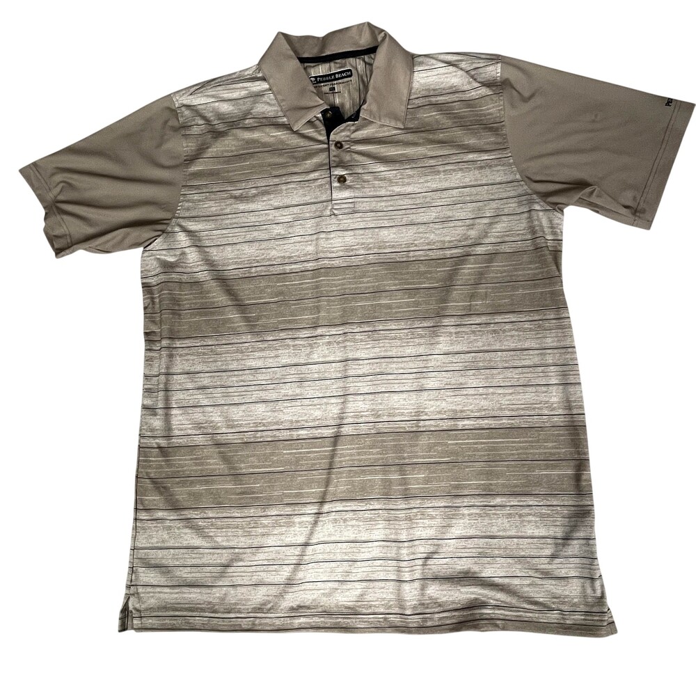 Pebble Beach Polo Shirt Mens XL Tan Gray Striped Dry-Luxe Performance Golf